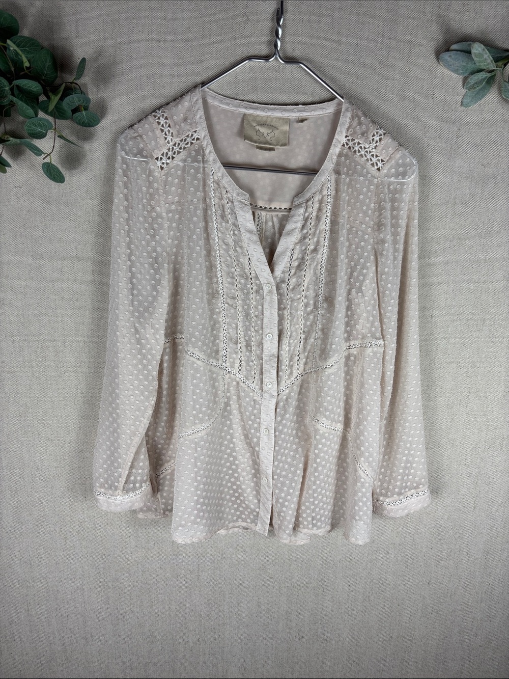 Vanessa Virginia > Cream Swiss Dot V Neck Button-Front Blouse Small